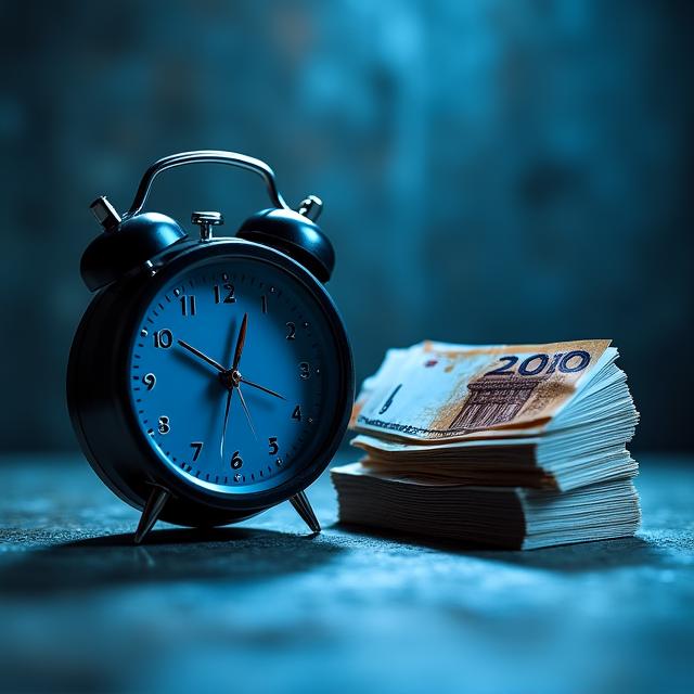 Stark kontrastiertes Bild einer digitalen Uhr und Euro-Scheinen im brutalistischen Stil